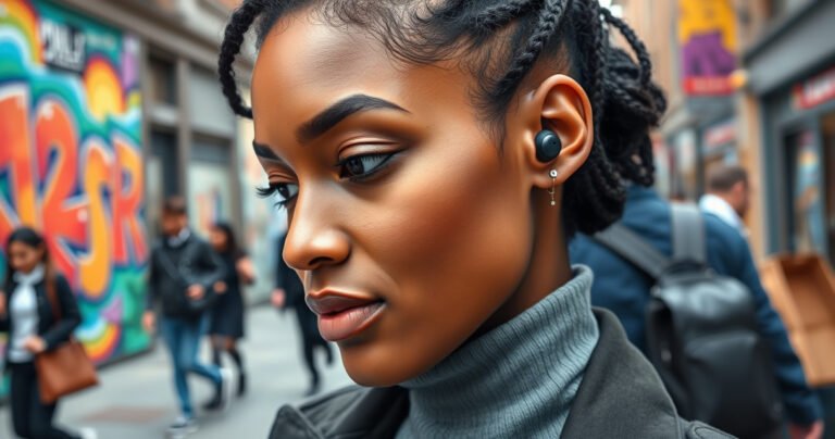 An elegant close-up of a diverse person, confidently wearing sleek wireless earbuds while engaging in daily activities, surrounded by vibrant urban scenery. The focus highlights the perfect fit, showcasing the ergonomic design and subtle tech details, with a backdrop of colorful street art and bustling pedestrians, exuding style, connectivity, and modern lifestyle.