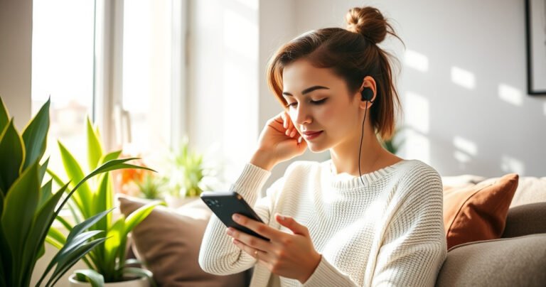 A stylish young woman in a cozy, modern living room effortlessly adjusts her sleek wireless earphones, surrounded by vibrant plants and soft cushions. Sunlight streams through a window, illuminating her focused expression as she pairs the device with her smartphone. The scene conveys comfort, technology, and a seamless blend of fashion and function.