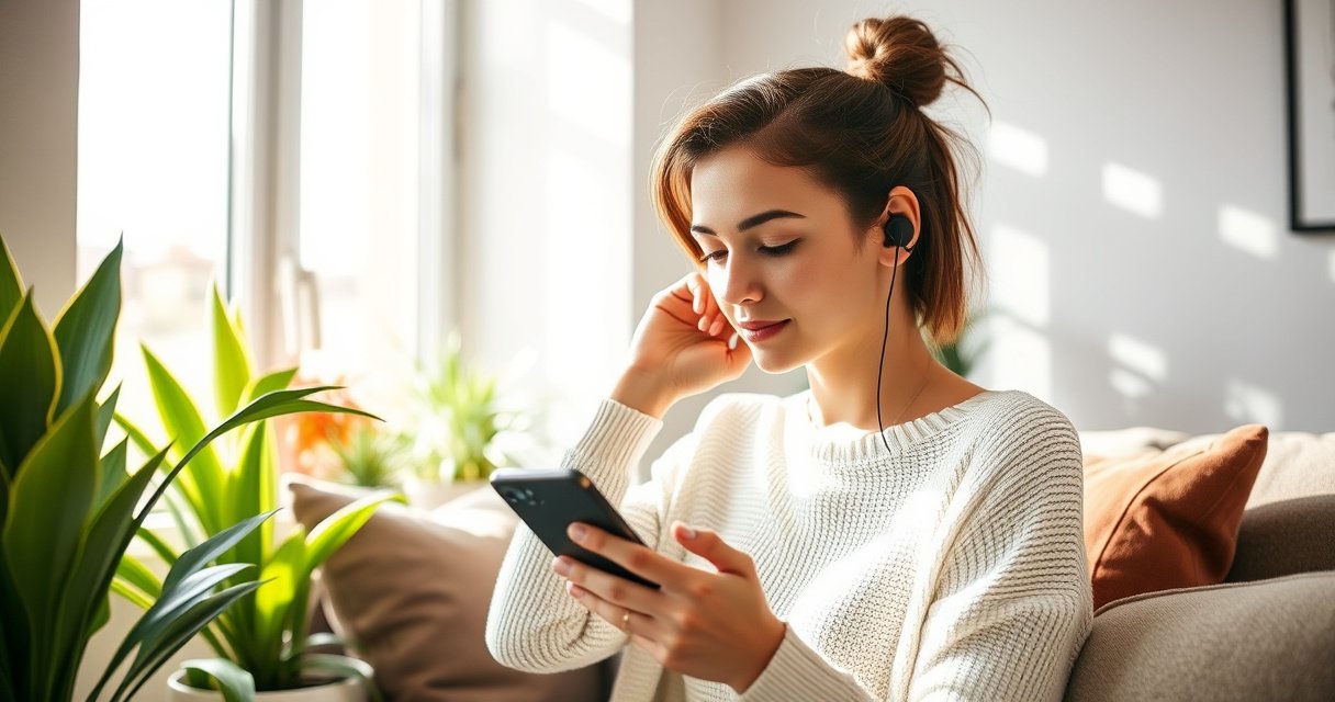 A stylish young woman in a cozy, modern living room effortlessly adjusts her sleek wireless earphones, surrounded by vibrant plants and soft cushions. Sunlight streams through a window, illuminating her focused expression as she pairs the device with her smartphone. The scene conveys comfort, technology, and a seamless blend of fashion and function.