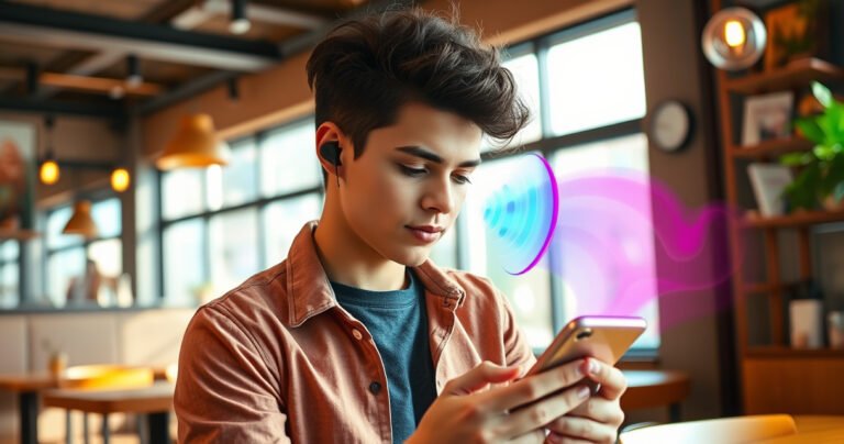 A stylish young person in a modern cafe, confidently wearing a sleek Bluetooth earphone, surrounded by vibrant coffee shop decor. They're focused on their smartphone, with a visual flow of colorful sound waves emanating from the earphone. Soft sunlight filters through the window, highlighting the ease and sophistication of wireless technology in daily life.