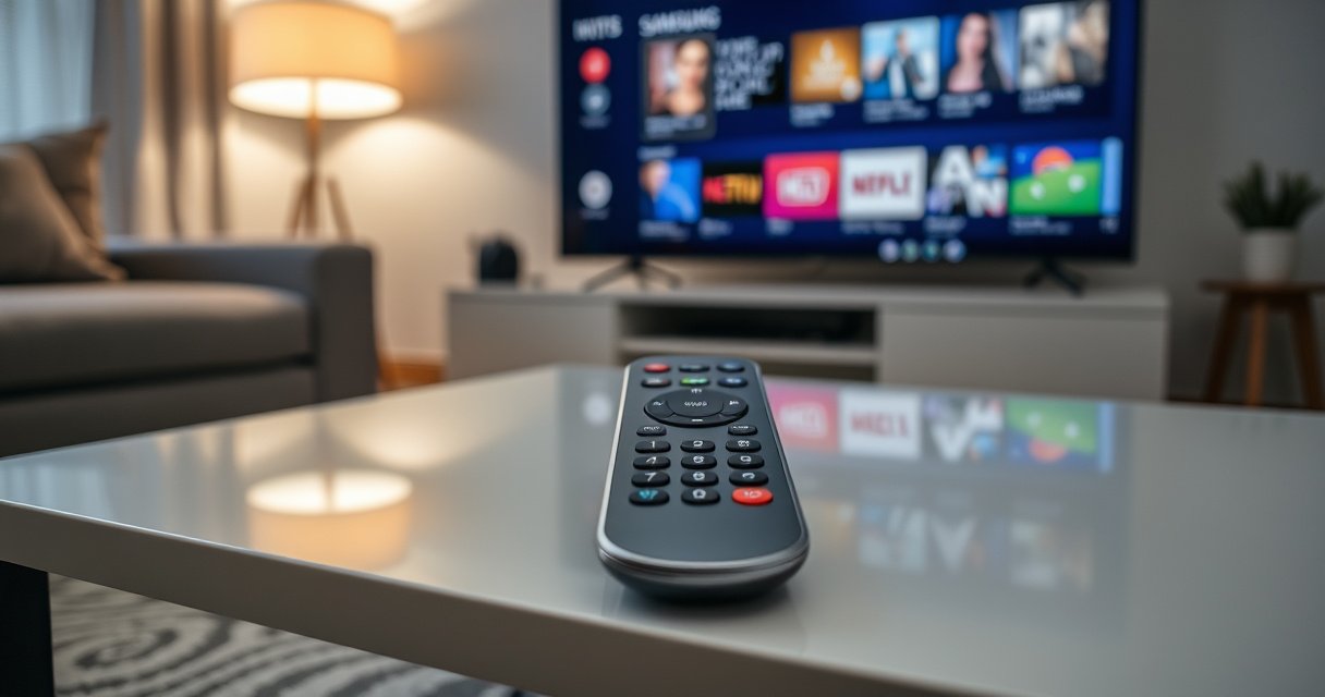 A close-up of a sleek, modern Samsung Smart TV remote resting on a stylish coffee table, surrounded by cozy living room elements like a plush sofa and a glowing lamp. The remote's buttons are illuminated, showcasing its user-friendly interface, while a large, vibrant TV screen in the background displays a colorful streaming menu.