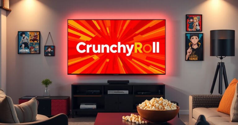 A sleek Samsung Smart TV displaying the vibrant Crunchyroll logo on a modern living room wall, surrounded by cozy furniture, colorful anime posters, and a bowl of popcorn on a coffee table, bathed in warm lighting that captures the excitement of anime streaming, inviting viewers to explore their favorite shows.