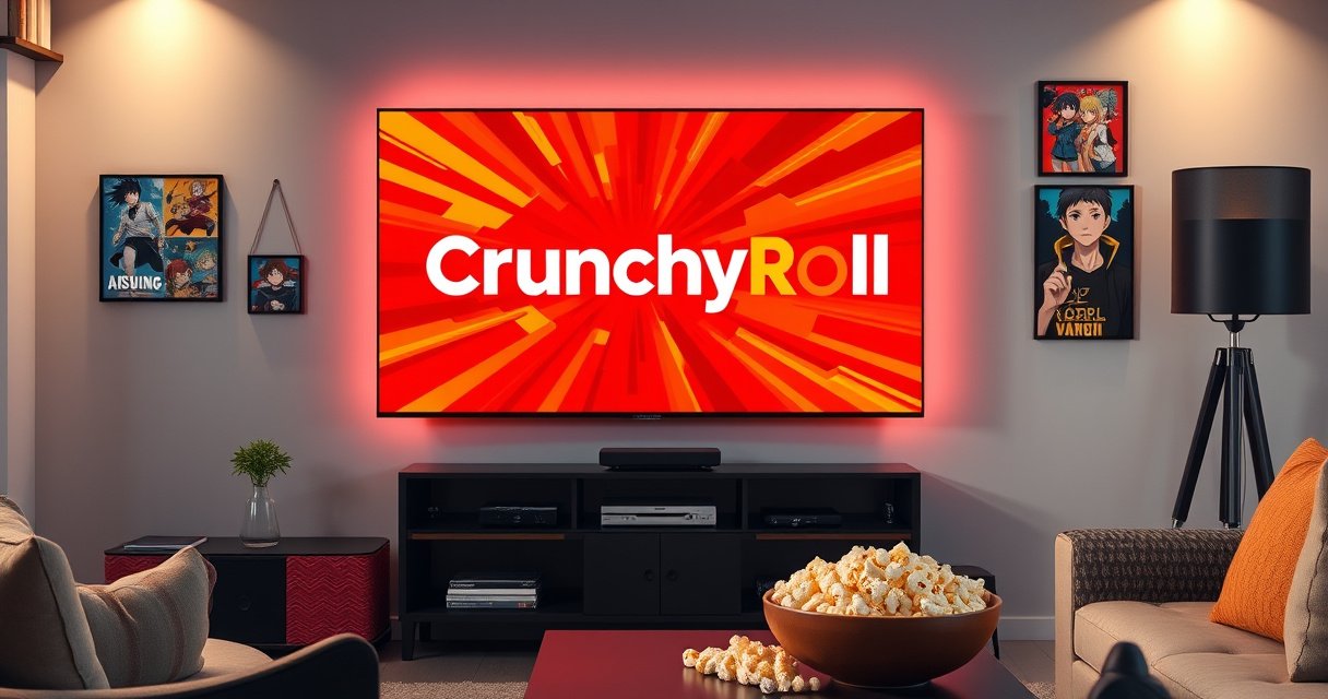 A sleek Samsung Smart TV displaying the vibrant Crunchyroll logo on a modern living room wall, surrounded by cozy furniture, colorful anime posters, and a bowl of popcorn on a coffee table, bathed in warm lighting that captures the excitement of anime streaming, inviting viewers to explore their favorite shows.