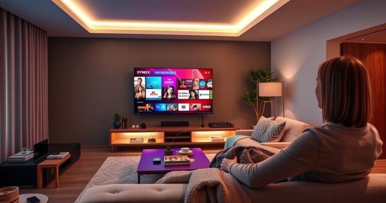 A sleek, modern living room featuring a vibrant Dynex smart TV displaying a colorful streaming interface. Soft ambient lighting highlights a plush sofa and stylish decor, while a curious viewer examines the TV's features, surrounded by tech gadgets and cozy accessories. An inviting atmosphere blends technology with comfort, emphasizing the smart home experience.