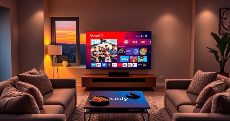 A sleek living room featuring a modern Google TV, displaying vibrant streaming content on a large screen. Soft ambient lighting illuminates cozy furniture, with a stylish coffee table holding a remote and snacks. In the background, a window reveals a sunset, casting warm hues across the room, symbolizing the fusion of technology and comfort in home entertainment.