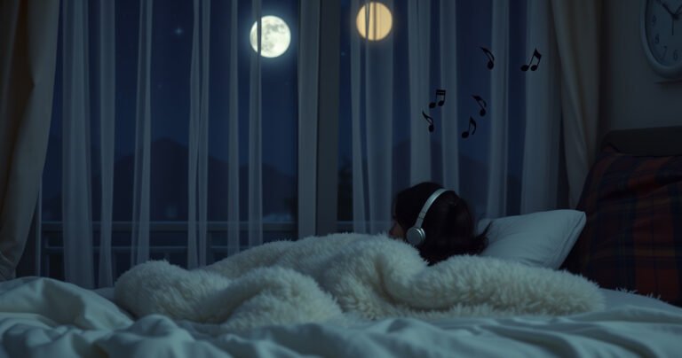 A peaceful bedroom scene at night, soft moonlight filtering through sheer curtains. A cozy bed with a person gently nestled under a fluffy blanket, wearing stylish earphones. Surrounding them, dreamy musical notes float in the air, mingling with a sense of tranquility, while a clock quietly ticks in the background, symbolizing the passage of time.
