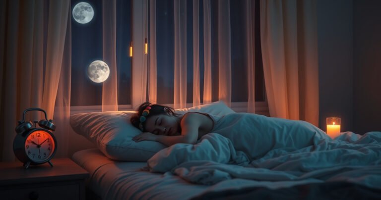 A serene bedroom scene at night, soft moonlight filtering through sheer curtains, a peaceful figure sleeping on a plush pillow, adorned with colorful earphones. Nearby, a bedside table holds a glowing alarm clock and a gently flickering candle, creating a soothing atmosphere. Subtle sound waves visually flow around, hinting at a tranquil, immersive sleep experience.