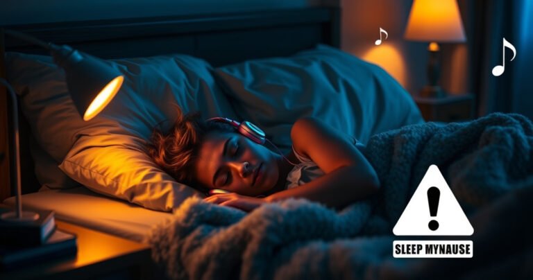A cozy bedroom scene at night, softly illuminated by a warm bedside lamp. A person peacefully sleeping with colorful, whimsical earphones, surrounded by pillows and a fluffy blanket. A subtle overlay of sound waves and caution symbols blends into the serene atmosphere, hinting at both comfort and potential risks associated with sleeping while listening to music.