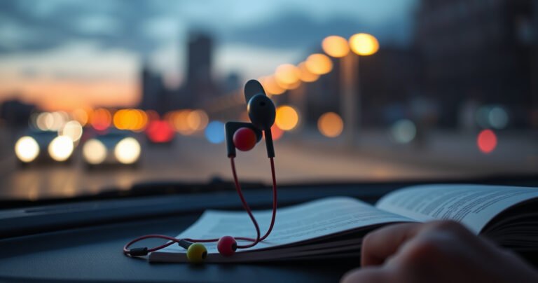 A close-up of a car's dashboard at twilight, featuring a pair of colorful earbuds resting next to an open driver's manual. Outside the window, blurred city lights twinkle, hinting at a bustling urban environment. The tension of a decision looms as a hand hovers over the earbuds, contemplating the rules of the road.