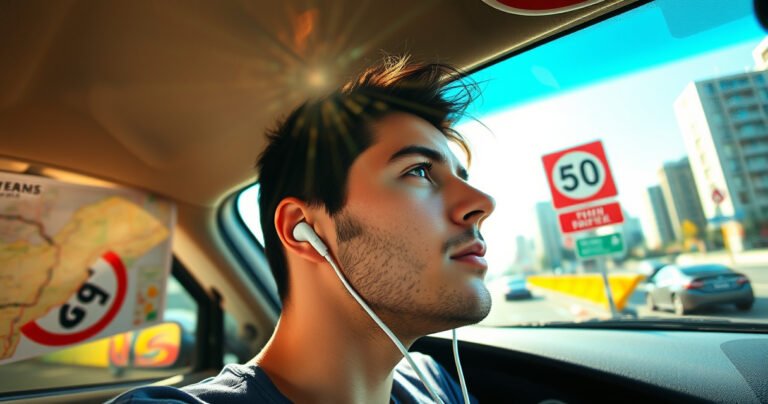 A close-up of a driver with earbuds in a vibrant car interior, surrounded by colorful road signs and a map. Sunlight filters through the windshield, casting playful reflections. The driver's focused expression contrasts with a bustling cityscape visible through the window, highlighting the balance between personal freedom and road safety.