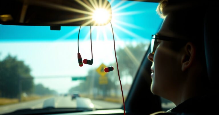 A close-up of a car dashboard with a pair of colorful earbuds dangling from the rearview mirror, sunlight streaming through the windshield, illuminating scattered traffic signs in the background. A driver, partially visible, looks thoughtfully at the road ahead, highlighting a blend of freedom and caution, creating a tension between music and safety.