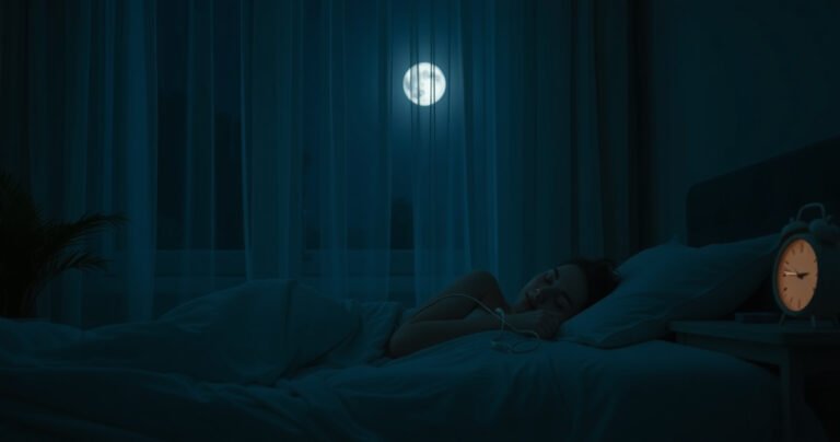 A serene bedroom scene at night, soft moonlight filtering through sheer curtains, a person peacefully sleeping in a cozy bed with earbuds in, surrounded by calming elements like a bedside plant and a gently glowing clock, emphasizing tranquility and safety, with a subtle hint of earbud wires softly draped on the pillow.