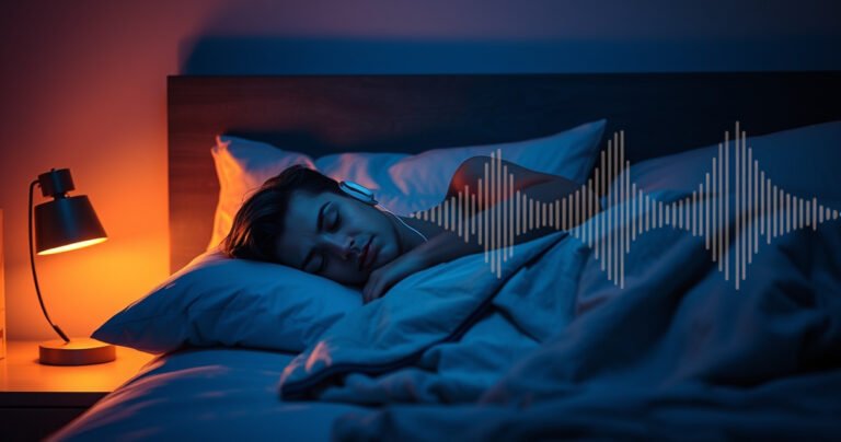 A serene bedroom scene at night, softly illuminated by a warm bedside lamp. A person peacefully sleeping, wearing sleek, comfortable earphones. The atmosphere conveys tranquility, with gentle shadows, plush bedding, and a cozy blanket, while a faint soundwave pattern subtly glows in the air, symbolizing the soothing music and the debate on earphone use during sleep.