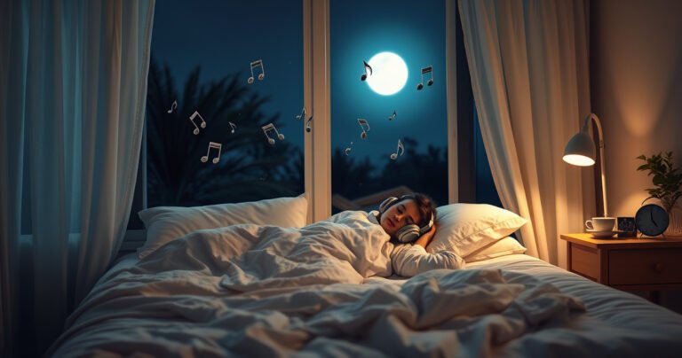 A serene bedroom at night, soft moonlight filtering through sheer curtains, a person peacefully sleeping on a plush bed, wearing cozy headphones. Surrounding them, floating musical notes and gentle wisps of sound, creating a calming atmosphere. Nearby, a bedside table with a small clock and a cup of herbal tea, hinting at relaxation and comfort.