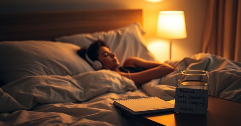 A serene bedroom scene, softly illuminated by warm light, featuring a cozy bed with plush pillows and a person peacefully sleeping with earphones on. Subtle sound waves emanate from the earphones, blending into a dreamlike atmosphere. A bedside table holds a glass of water and a notepad with a reminder about safe sleeping habits.
