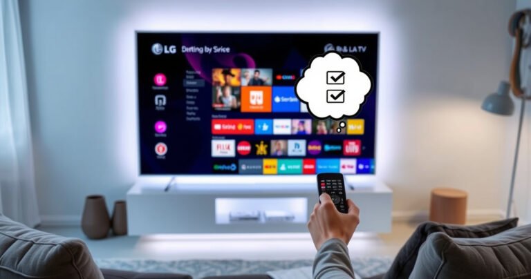 A sleek LG TV screen glowing in a cozy living room, displaying vibrant app icons and streaming services, surrounded by a modern sofa and soft lighting. The scene captures a curious person holding a remote, with a thought bubble showing question marks and a checklist, symbolizing the search for smart TV features.