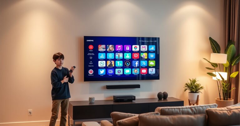 A sleek Samsung TV on a stylish living room wall, displaying an illuminated smart interface filled with vibrant app icons. A curious person stands nearby, holding a remote, with a puzzled expression. Soft ambient lighting enhances the modern decor, highlighting a cozy sofa and decorative plants, creating an inviting yet tech-savvy atmosphere.