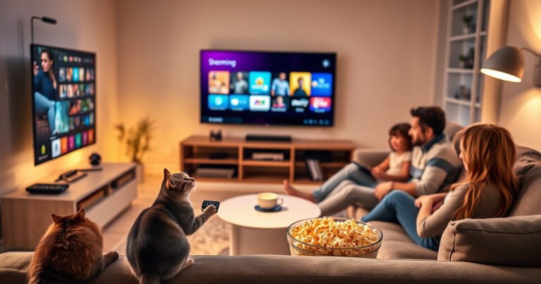 A cozy living room illuminated by soft, ambient lighting, featuring a modern, sleek flat-screen TV displaying vibrant icons of popular streaming apps. A curious cat sits beside the TV, pawing at a remote control, while a family of three engages on a couch, surrounded by tech gadgets and a bowl of popcorn, embodying a smart home atmosphere.