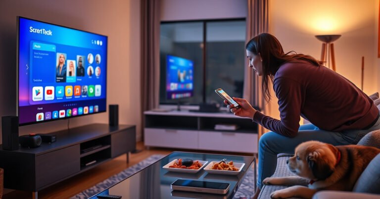 A cozy living room with a sleek modern TV displaying a vibrant smart interface. A curious person leans in, smartphone in hand, checking features. Soft lighting from a nearby lamp casts a warm glow, while a coffee table is adorned with remote controls and snacks. A friendly pet lounges nearby, adding a touch of homely comfort.