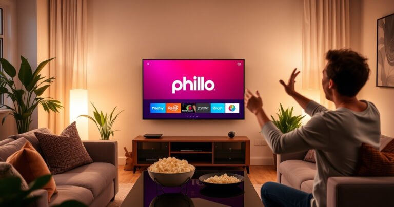 A cozy living room with a sleek Vizio Smart TV displaying the Philo logo, soft ambient lighting, plush sofas, and a bowl of popcorn on a stylish coffee table, surrounded by vibrant houseplants. A person excitedly scrolling through the TV interface, capturing the essence of modern entertainment and relaxation at home.