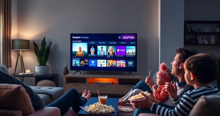 A sleek Sceptre Smart TV illuminated in a modern living room, showcasing vibrant streaming apps on the screen. Surrounding it, cozy furniture and ambient lighting create a welcoming atmosphere. A family enjoys movie night, popcorn in hand, highlighting the joy of entertainment technology. In the background, subtle tech gadgets hint at the digital age.