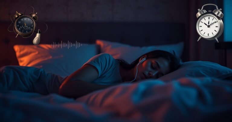 A serene bedroom scene at dusk, featuring a cozy bed with soft pillows and a person peacefully asleep, wearing stylish earphones. Subtle sound waves gently emanate from the earphones, while contrasting images of potential risks, like tangled wires and a faint alarm clock, hover nearby, creating a thoughtful atmosphere about sleep safety and comfort.