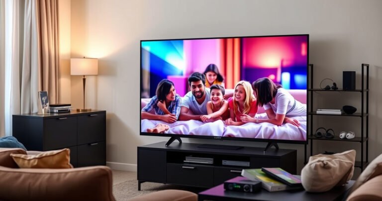 A sleek Sony Bravia 32 inch Smart TV elegantly displayed in a modern living room, vibrant colors glowing on the screen, surrounded by cozy furniture, soft lighting casting warm shadows, playful reflections of a family enjoying a movie night, and tech gadgets artfully arranged on a stylish shelf, creating a perfect blend of comfort and technology.