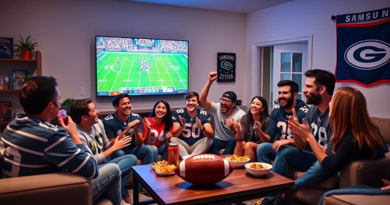 A cozy living room with a large Samsung Smart TV displaying an NFL game, vibrant team colors illuminating the space. A family of diverse fans, wearing jerseys and surrounded by snacks, excitedly cheers together. A football-themed decor enhances the atmosphere, with a football on the coffee table and a team banner hanging on the wall.