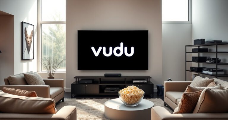 A sleek modern living room featuring a large smart TV displaying the Vudu logo, surrounded by cozy furniture and a popcorn bowl, sunlight streaming through a window, with a subtle hint of a tech-savvy atmosphere, showcasing various streaming devices on a stylish shelf, emphasizing comfort and entertainment.