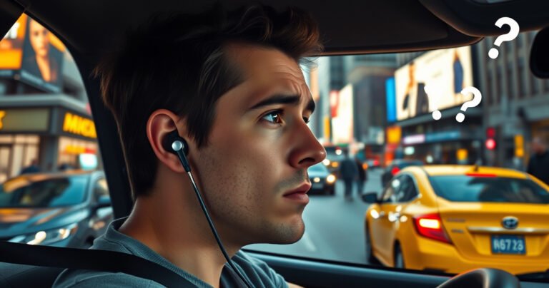 A close-up of a distracted driver wearing sleek earbuds, surrounded by a chaotic urban street scene. Bright billboards flash, cars zoom past, and pedestrians cross the road. The driver’s expression shows a mix of enjoyment and concern, with a subtle overlay of legal symbols and question marks, emphasizing the tension between music and safety.