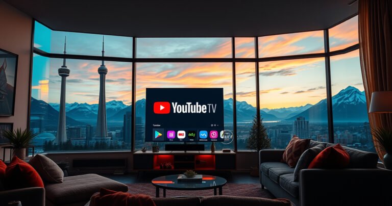 A vibrant Canadian landscape featuring a cozy living room with a large screen displaying YouTube TV, surrounded by iconic landmarks like the CN Tower and Banff mountains. Soft evening light filters through the window, reflecting a mix of modern technology and natural beauty, symbolizing the connection between digital media and Canadian culture.
