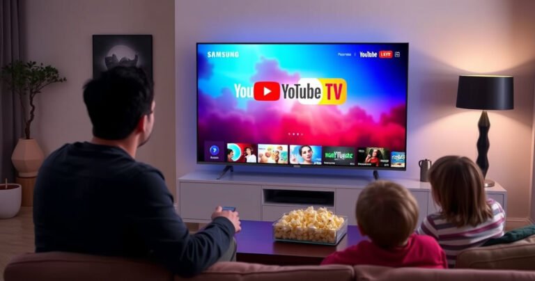 A sleek Samsung Smart TV displaying the colorful YouTube TV interface, set in a modern living room with a cozy couch and stylish decor. Soft ambient lighting enhances the vibrant screen, while a remote rests on the coffee table. A family member is seen eagerly watching, surrounded by popcorn and snacks, creating a warm, inviting atmosphere.