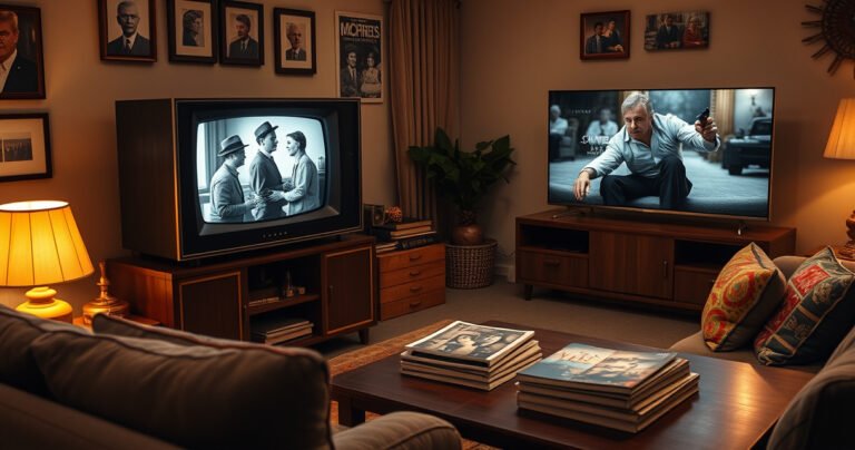 A cozy living room with a vintage non-smart TV displaying a classic black-and-white film, surrounded by nostalgic decor, a plush sofa with colorful throw pillows, a warm glow from a nearby lamp, and a coffee table stacked with retro magazines, contrasting against a sleek modern smart TV in the background, creating a visual debate between old and new technology.