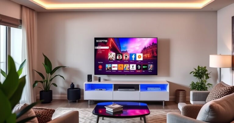 A sleek, modern living room featuring a Sceptre TV prominently displayed on a stylish entertainment center. The screen glows with vibrant colors, showcasing a captivating scene from a popular streaming service. Soft ambient lighting bathes the room, with cozy furniture and decorative plants creating an inviting atmosphere, inviting viewers to ponder the smart TV experience.
