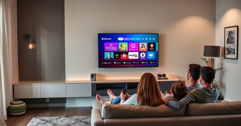 A sleek, modern living room featuring an Element TV mounted on a stylish wall. The screen displays vibrant smart TV interfaces with colorful app icons, while a family lounges on a comfortable sofa, engaging with the TV. Soft ambient lighting enhances the cozy atmosphere, surrounded by decorative elements that reflect a blend of technology and home comfort.