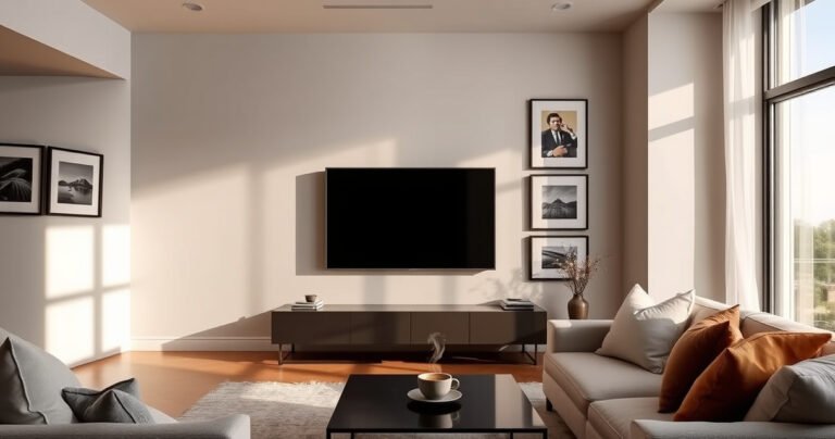 A sleek, modern living room featuring a minimalist Frame TV blending seamlessly with an elegant gallery wall of artwork, ambient lighting casting soft shadows, a cozy sofa adorned with plush cushions, and a stylish coffee table with a steaming cup of coffee, creating a warm, inviting atmosphere that sparks curiosity about smart technology in home decor.