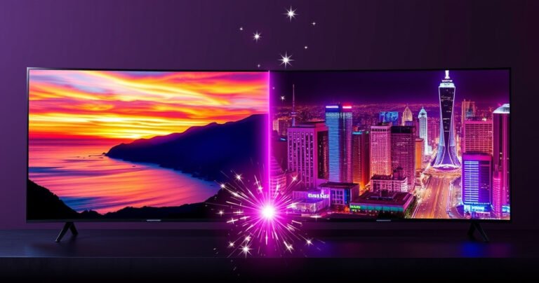 A dynamic split-screen comparison of two vibrant TVs: on the left, the sleek Samsung S95H displaying a breathtaking sunset with vivid colors, and on the right, the Hisense U7N showcasing a stunning cityscape at night, illuminated by neon lights. A tech-savvy atmosphere with sparkles and icons representing features like HDR, smart tech, and contrast.