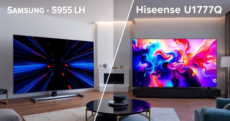 A split-screen comparison showcasing the sleek Samsung S95H and the vibrant Hisense U7Q televisions, each displaying stunning visuals. The Samsung on the left radiates deep blacks and vivid colors, while the Hisense on the right showcases bright, dynamic images. A subtle background of a modern living room highlights the elegance and technology of both TVs.