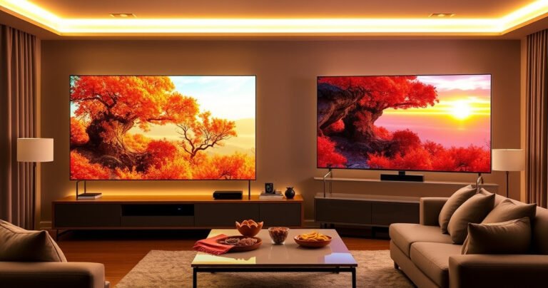 A modern living room showcasing a stunning Samsung S95H and Hisense U7SG television side by side, both displaying vibrant, colorful scenes from nature. Soft ambient lighting casts a warm glow, and a sleek coffee table holds snacks, while a cozy sofa invites viewers to compare the immersive viewing experience of each TV.
