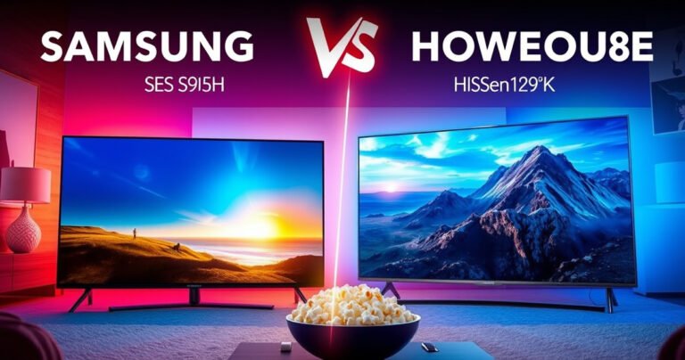 A dramatic showdown scene featuring two sleek, modern televisions, the Samsung S95H and Hisense U8K, illuminated by vibrant colors. The background showcases a dynamic living room setting, with a popcorn bowl and cozy sofa, highlighting the excitement of movie night. The TVs display stunning visuals of a cinematic landscape, emphasizing their cutting-edge technology and clarity.