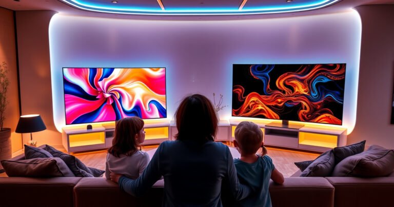 A futuristic living room showcasing two stunning televisions: the sleek Samsung S95H displaying vibrant, dynamic colors on one side, and the bold Hisense U8N on the other, surrounded by modern furniture and ambient lighting, with a family eagerly comparing the two screens, their expressions filled with excitement and curiosity about the ultimate viewing experience.