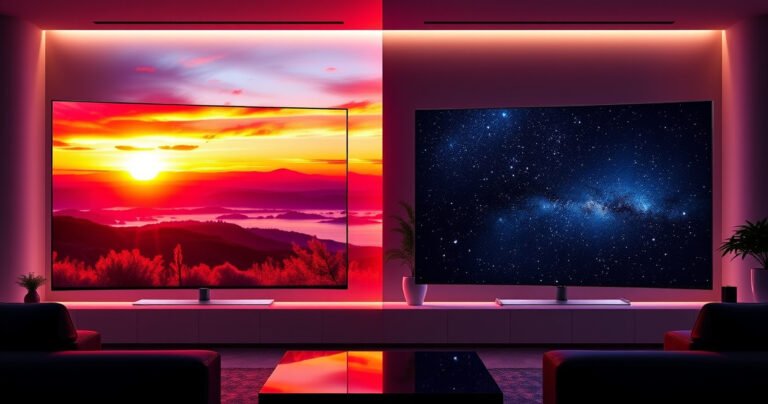 A dramatic split-screen showcasing the Samsung S95H on one side, radiating vivid colors and sharp details of a sunset scene, while the Hisense U8QG on the other side displays deep blacks and stunning contrast of a starry night sky, both TVs illuminated and surrounded by a sleek modern living room, evoking a tech-savvy vibe.