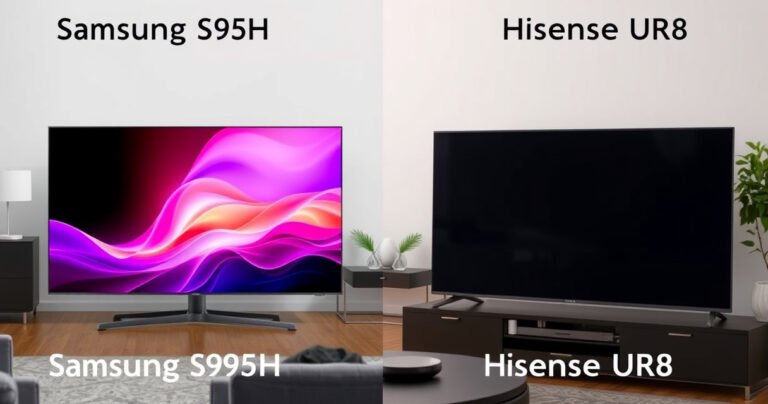 A split-screen comparison featuring two sleek, modern televisions: the Samsung S95H on one side, glowing with vibrant colors and sharp details, and the Hisense UR8 on the other, showcasing its impressive contrast and clarity. The background is a stylish living room with soft lighting, emphasizing the elegance of each TV's design.