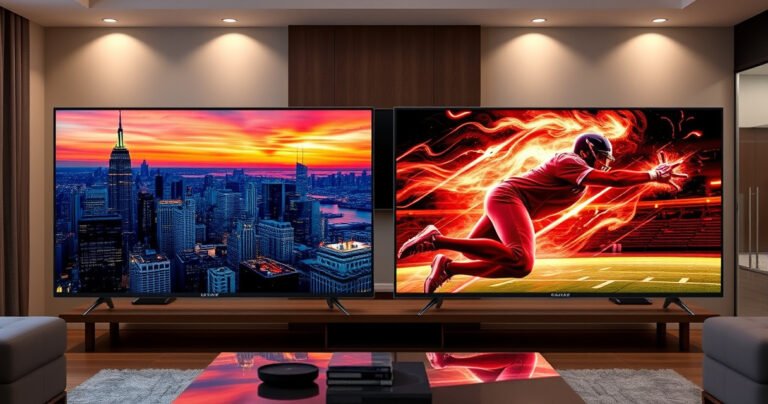 A split-screen comparison of two stunning OLED TVs, one displaying vibrant colors and sharp details of a city skyline at sunset, the other showcasing a dynamic sports scene with intense motion. The background features a stylish living room setting, highlighting modern decor and ambient lighting, creating a captivating visual contrast between the two televisions.