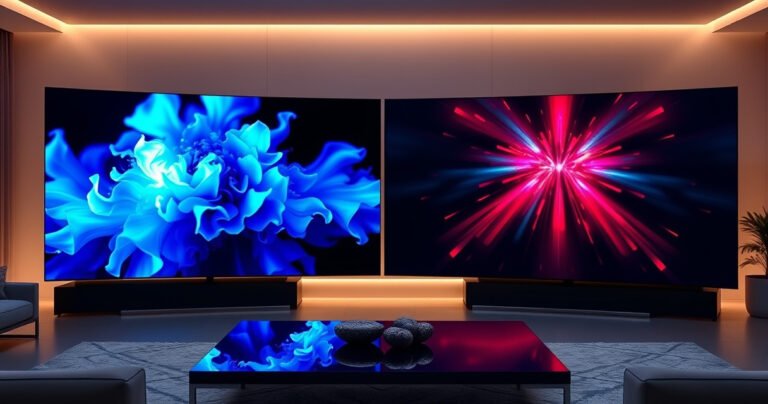 A dramatic split-screen showcasing the Samsung S95H and LG B5 OLED side by side, each displaying vibrant, lifelike colors. The Samsung screen bursts with vivid blues and dynamic contrast, while the LG radiates deep blacks and rich reds. A sleek living room setting highlights their elegance, surrounded by soft ambient lighting that accentuates their visual appeal.