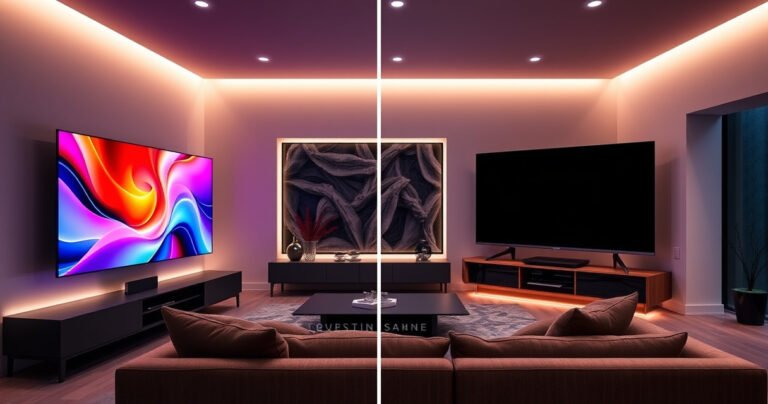 A sleek modern living room featuring two state-of-the-art OLED televisions, the Samsung S95H on one side exuding vibrant colors, and the LG B6 on the other radiating deep blacks. Soft ambient lighting highlights the rich textures of the furniture, while a cozy couch invites viewers into a cinematic experience. A subtle comparison chart overlays the scene.
