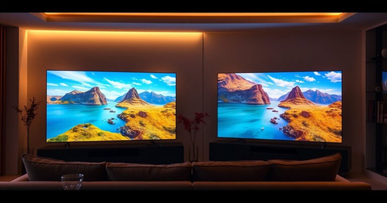 A sleek living room showcasing both the Samsung S95H and LG C4 OLED TVs, side by side, displaying vibrant, contrasting images of a breathtaking nature scene. Warm ambient lighting enhances the modern decor, while a cozy sofa invites viewers to experience cinematic magic. Tech-savvy details subtly highlight the advanced features of each TV.