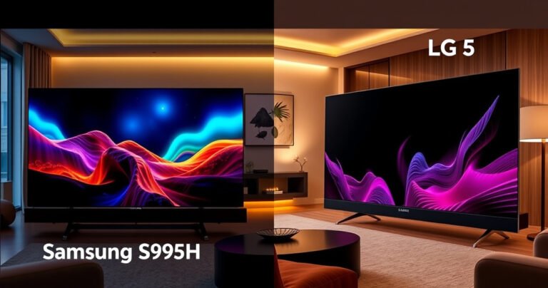 A split-screen comparison of two stunning OLED TVs: the Samsung S95H on the left, showcasing vibrant colors and deep blacks, while the LG C5 on the right displays a sleek design and rich contrast. The background features a cozy modern living room with warm lighting, emphasizing the immersive viewing experience of both TVs.
