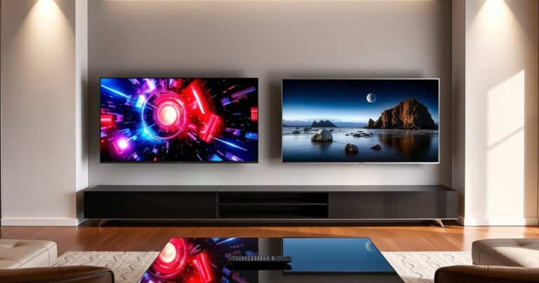 A sleek, modern living room showcasing two stunning OLED TVs side by side: the Samsung S95H with vibrant colors displaying a sci-fi scene, and the LG C6 radiating deep blacks with a serene landscape. Soft ambient lighting highlights their elegant designs, while a stylish coffee table holds a remote, inviting viewers to choose their favorite.