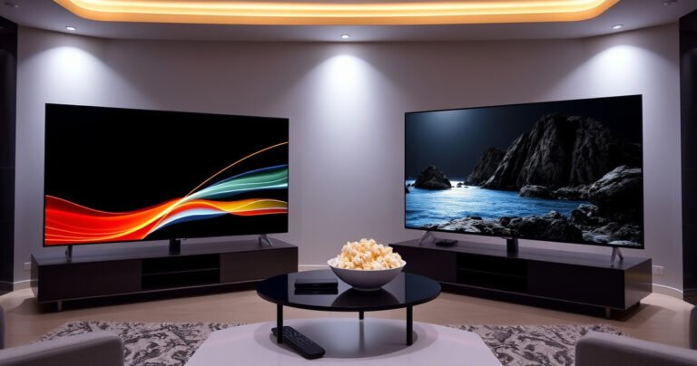 A sleek, modern living room featuring two high-end OLED televisions side by side: the Samsung S95H displaying vibrant, dynamic colors with a futuristic design, and the LG G4 showcasing deep blacks and stunning detail. Soft ambient lighting enhances the contrast, while a stylish coffee table holds a remote and popcorn, inviting viewers to compare the visuals.